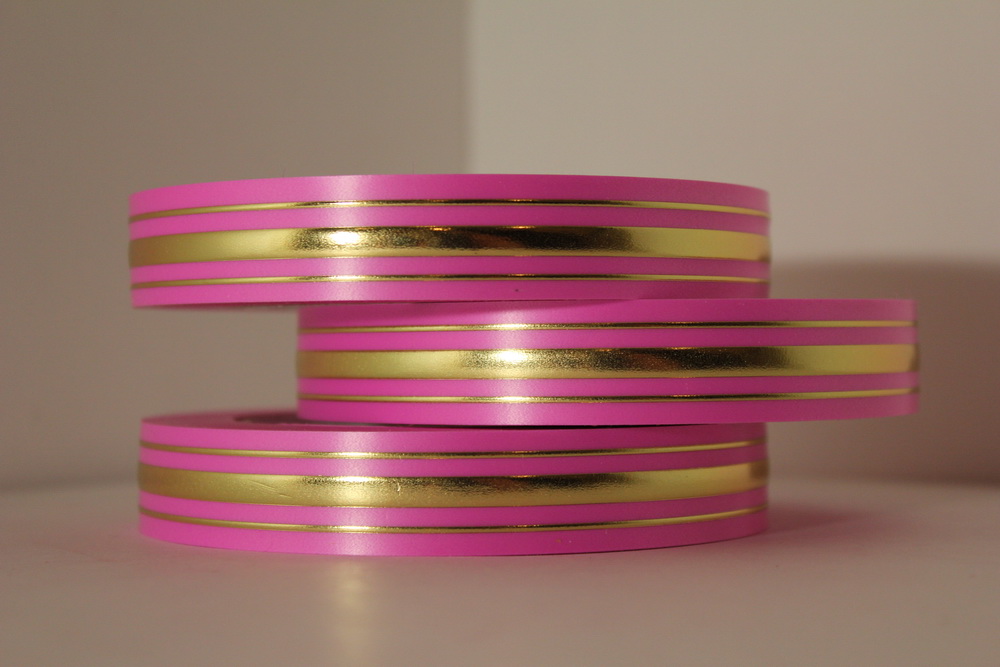 L215, Лента с золотой полосой Широкая, (2см х 50 ярд), ярко-розовый, 4600777004964
