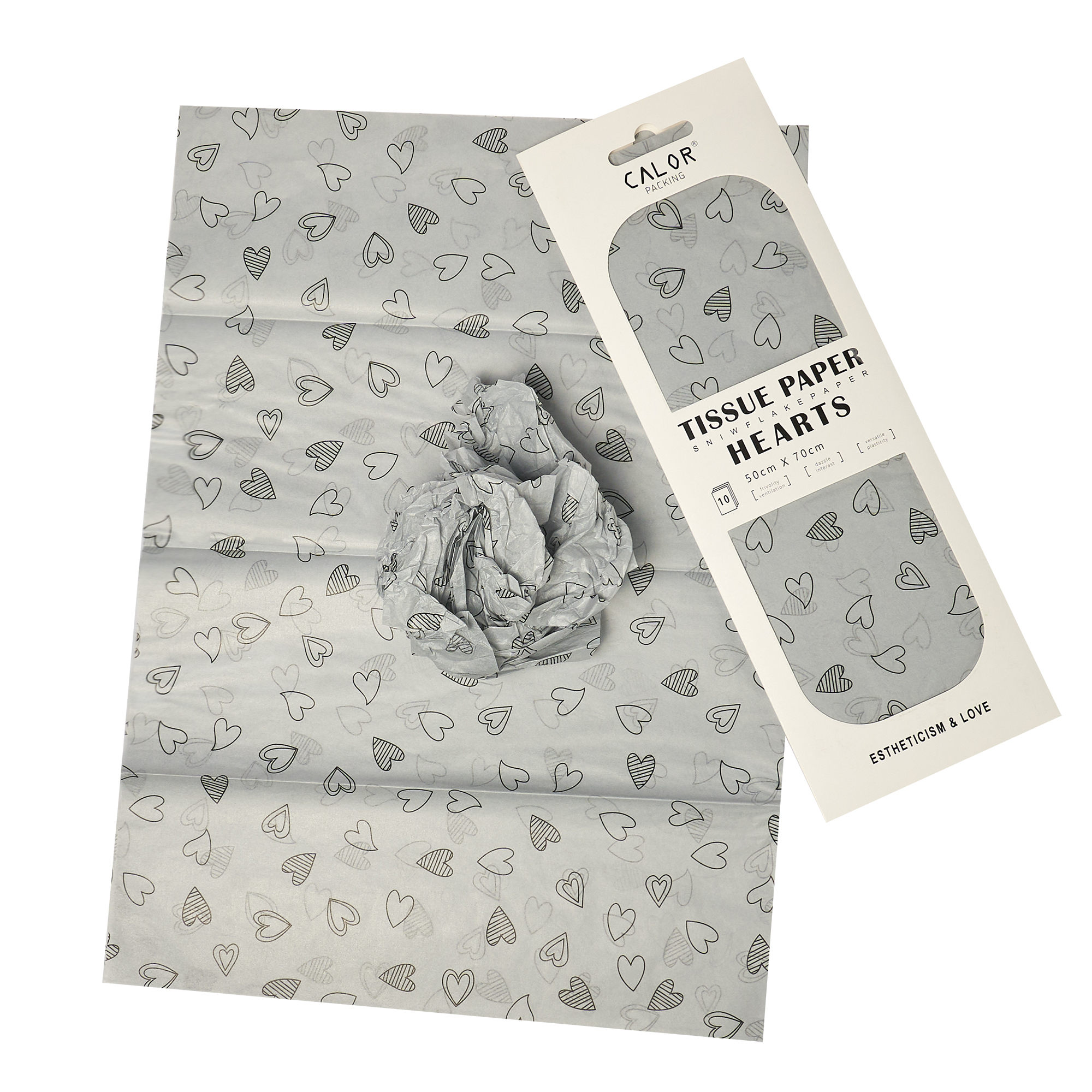 Тишью Бумага "Сердца", 10  листов в упаковке, 20 грамм, 50cmx70cm, цв. серый, 4640171725133