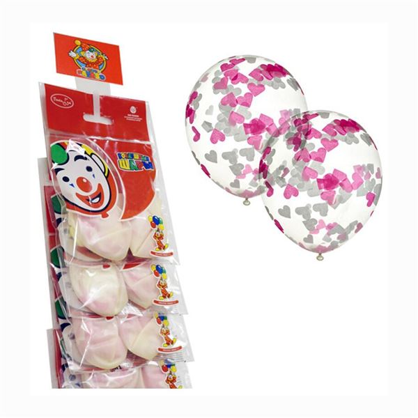 6053789, M CS 12"/30см Декоратор TRANSPARENT наполнение сердца конфетти бумага белые, розовые 2шт (шар латекс), 4690296053789