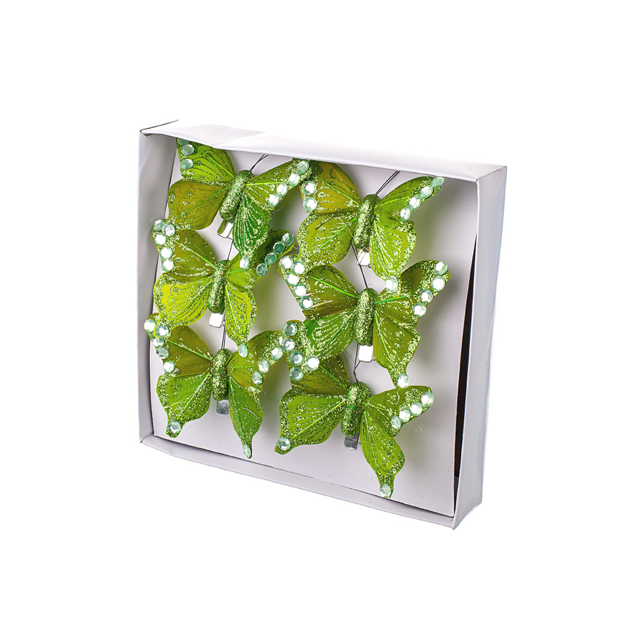 1510278, Набор бабочек с глиттером на прищепках 6шт., 6см, зеленый, 2159161126352