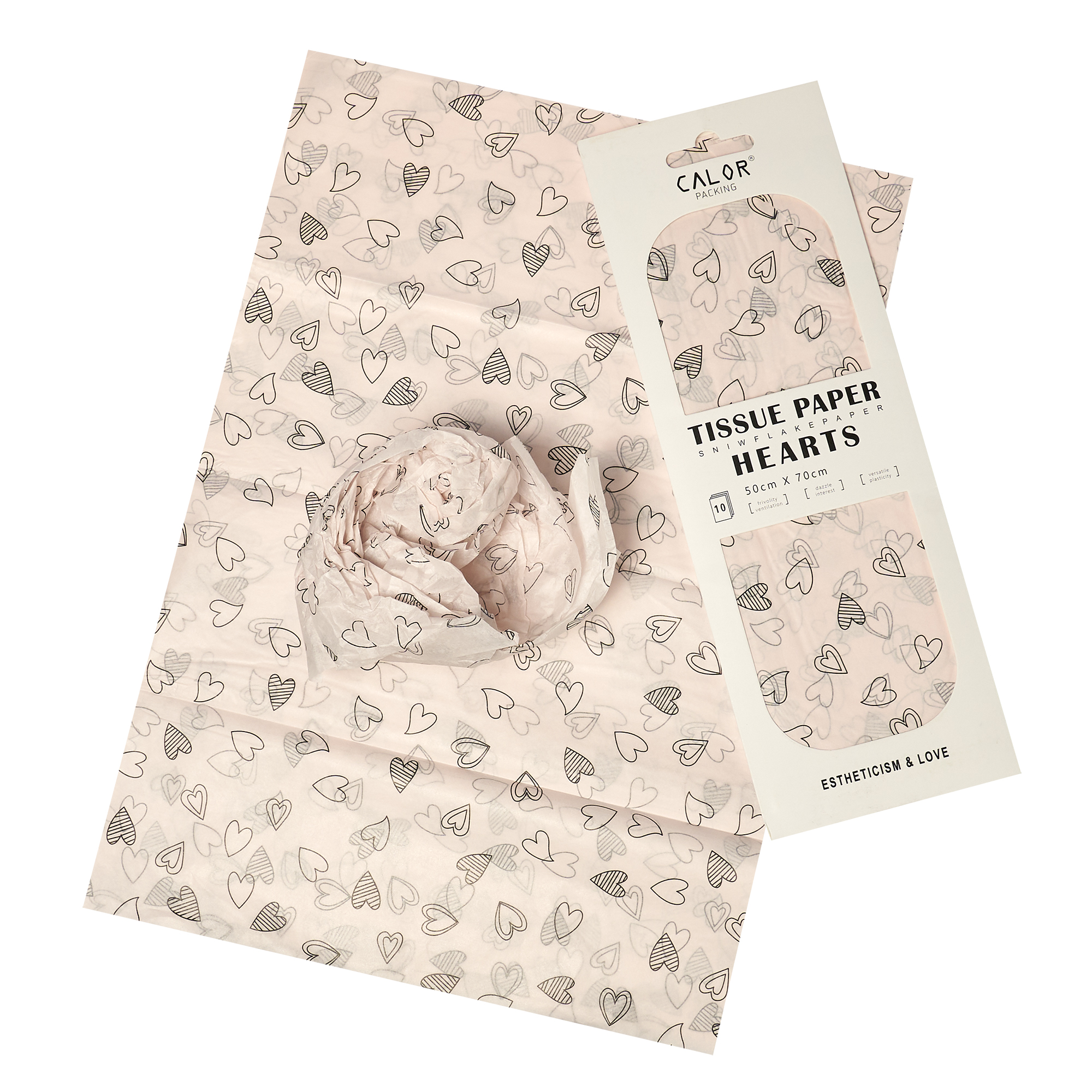 Тишью Бумага "Сердца", 10  листов в упаковке, 20 грамм, 50cmx70cm, цв. черный на розовом, 4640171725157