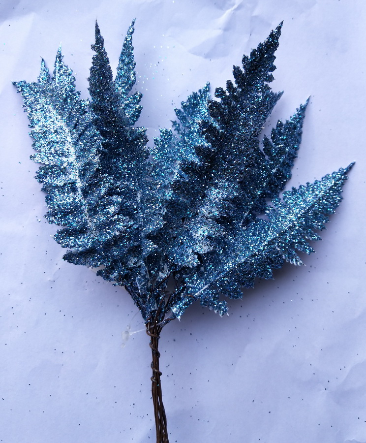 KFW13-338BL, Набор листьев с глиттером 12шт., H19см, голубой, 4627197626316